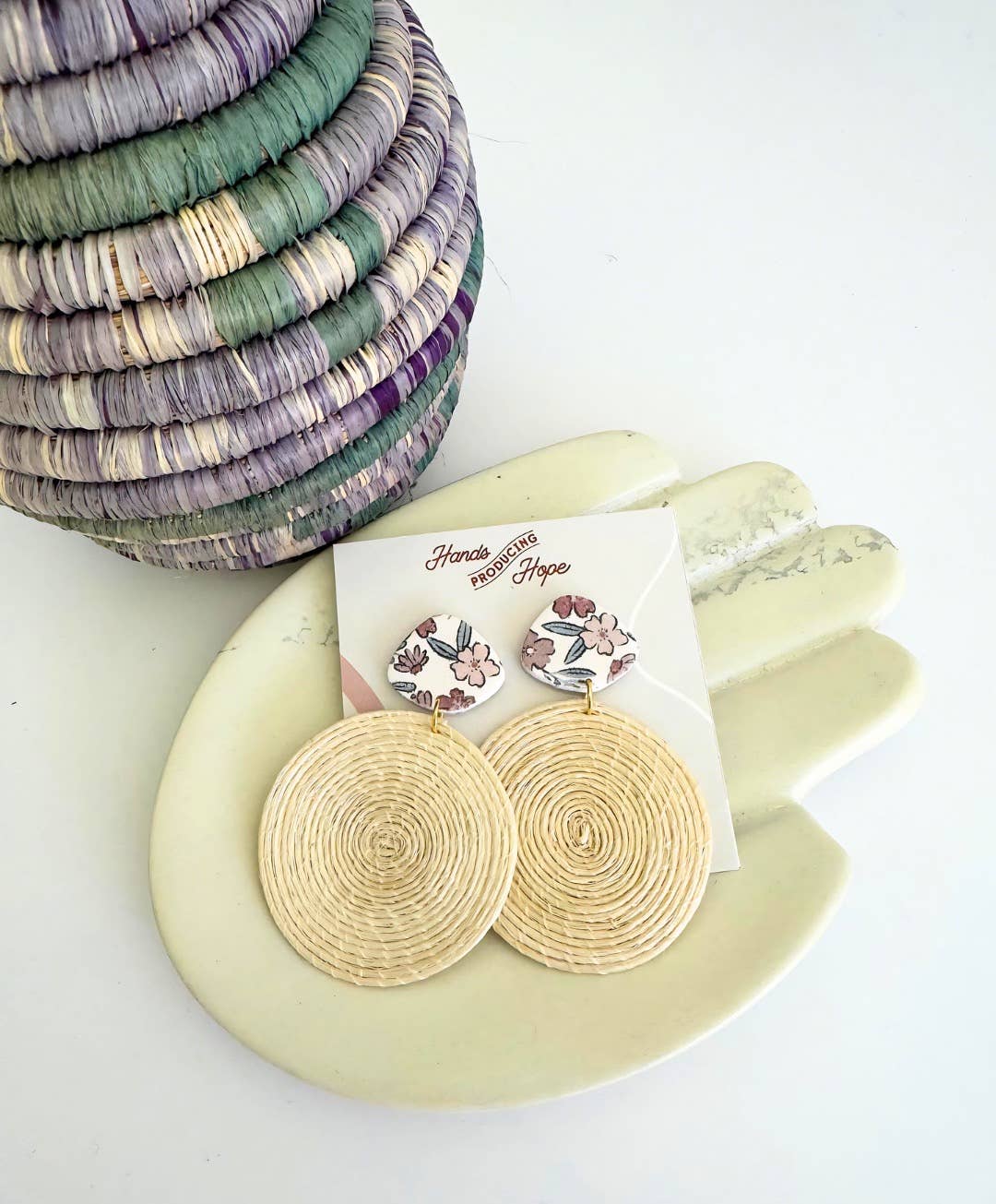 Floral Woven Disc Earrings Beige Floral