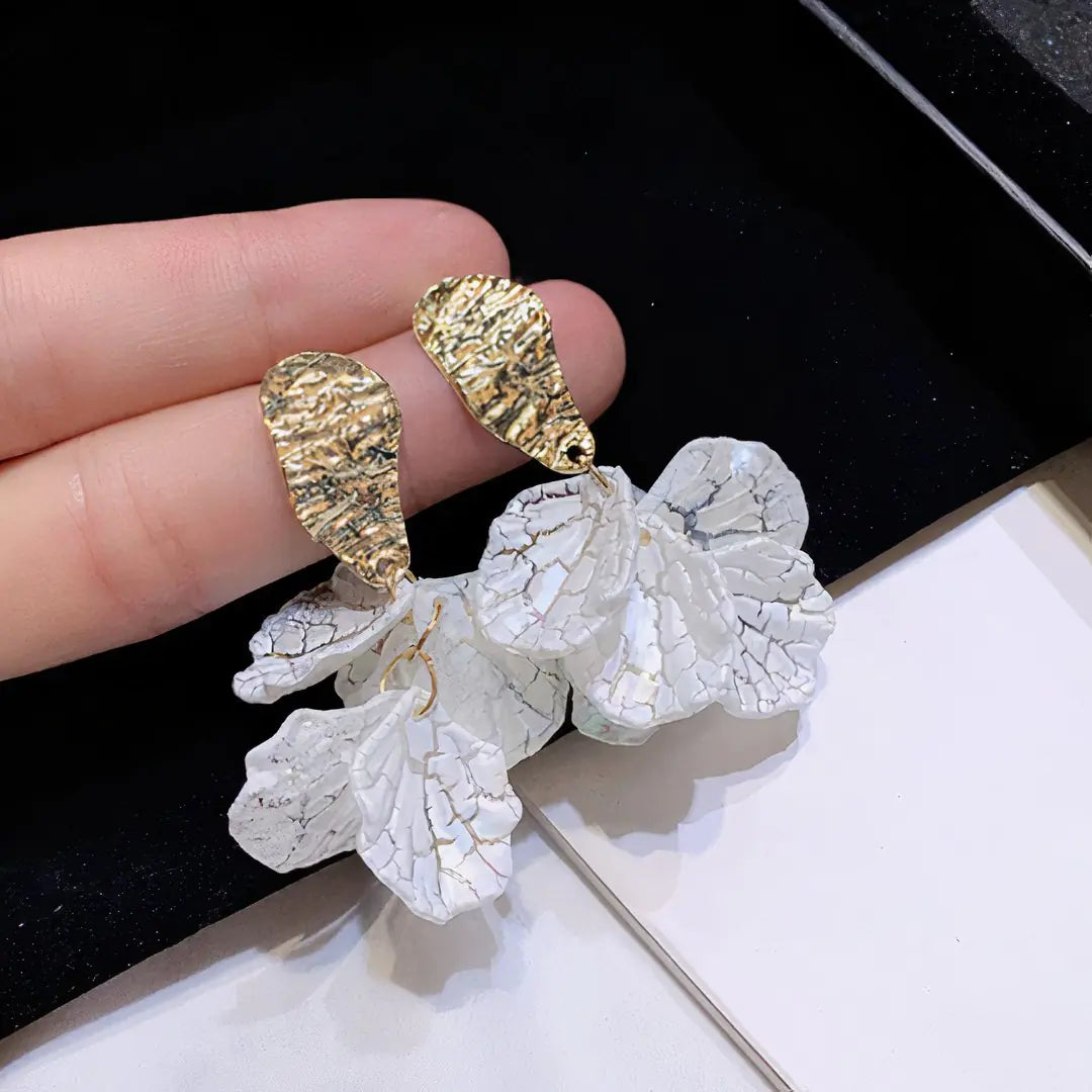Layered Flower Earrings White Textured