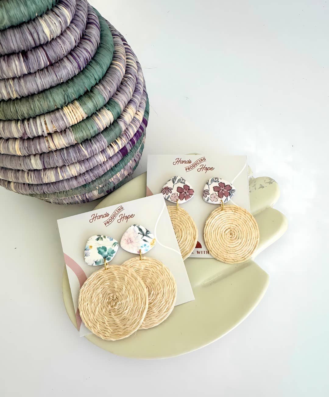 Floral Woven Disc Earrings Beige Floral