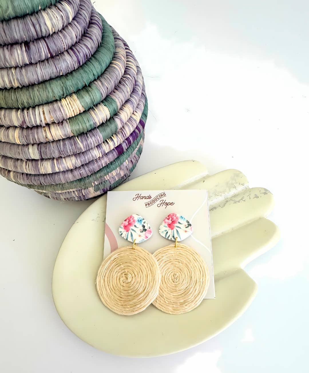 Floral Woven Disc Earrings Beige Floral