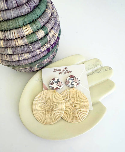 Floral Woven Disc Earrings Beige Floral