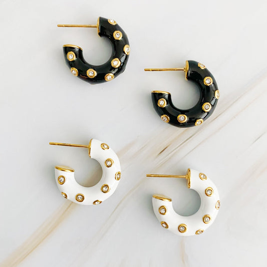 Jeweled Candy Everyday Hoop Earrings Black and White