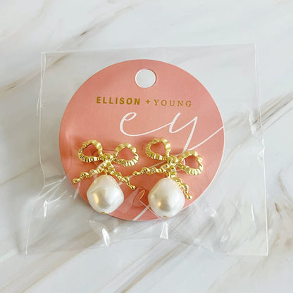 Dangle Pearl Antique Bow Earrings