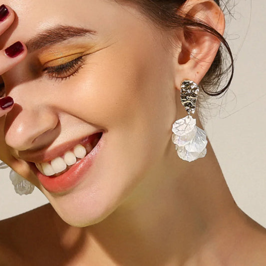 Layered Flower Earrings White Textured