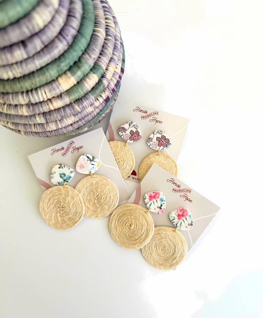 Floral Woven Disc Earrings Beige Floral